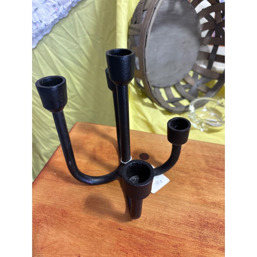 Vintage Cast Iron Look 5 Arm Candelabra Matte Black Brutalist Candle Holder
